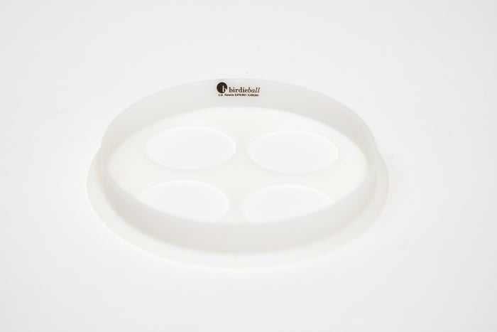 The BirdieBall Putting Green Cup (Standard 1/2" deep) is a white circular plastic cup with four round holes and the BirdieBall logo, shown on a plain white background—an essential accessory for your putting green.