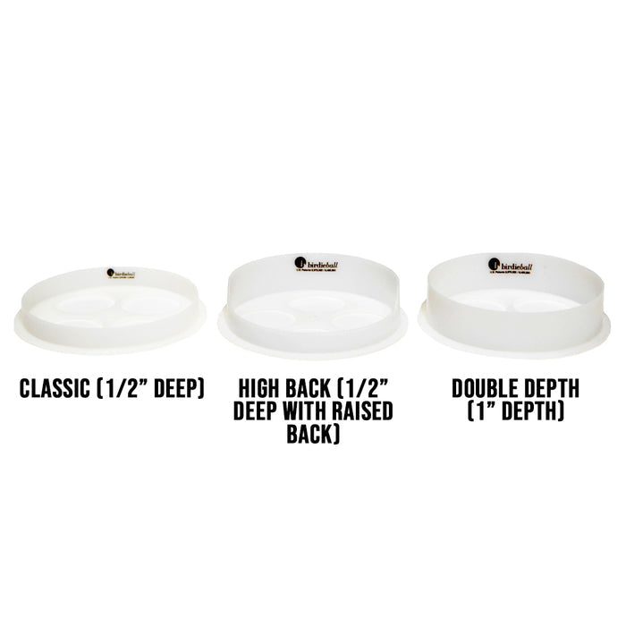 Three white trays—Classic, High Back (both ½" deep), and Double Depth (1" deep)—are shown with the BirdieBall Putting Green Cup (Standard ½" deep), making them ideal accessories for your indoor putting setup.