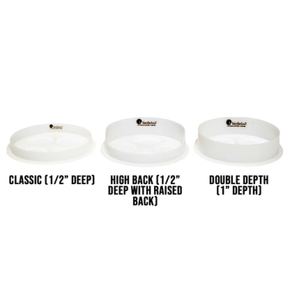 Three white trays—Classic, High Back (both ½" deep), and Double Depth (1" deep)—are shown with the BirdieBall Putting Green Cup (Standard ½" deep), making them ideal accessories for your indoor putting setup.