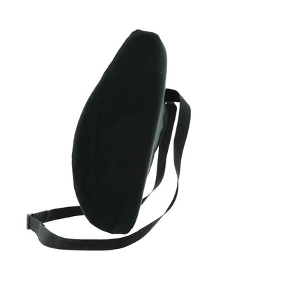 A black contoured lumbar support pillow with an adjustable black strap, shown on a plain white background.