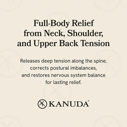 Text on a beige background about full-body relief from neck, shoulder, and upper back tension with Kanuda branding.