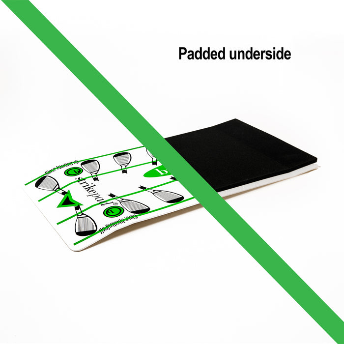 The BirdieBall StrikePad is a rectangular golf mat with a green and white design, black padded underside, and "Padded underside" text with a green diagonal stripe—ideal as a portable mat or swing path trainer.