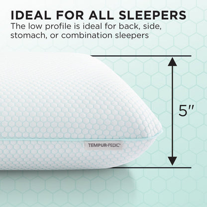 TEMPUR-Pedic pillow with text and measurement on a light green background