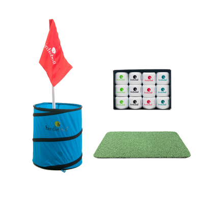 The BirdieBall Original Backyard Golf Game features a blue collapsible target with red flag, a box of white BirdieBall golf balls, and a rectangular green practice mat.