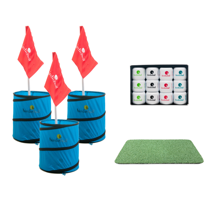 BirdieBall’s The Original Backyard Golf Game is shown with three blue collapsible golf targets with red flags, a green hitting mat, and a box of colorful practice balls—perfect for backyard fun.