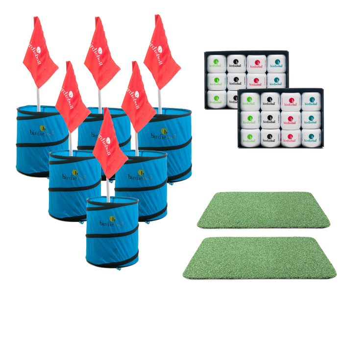 The Original Backyard Golf Game by BirdieBall includes six pop-up holes with red flags, 24 colored balls (two boxes), and two green mats—everything you need for backyard golf fun.