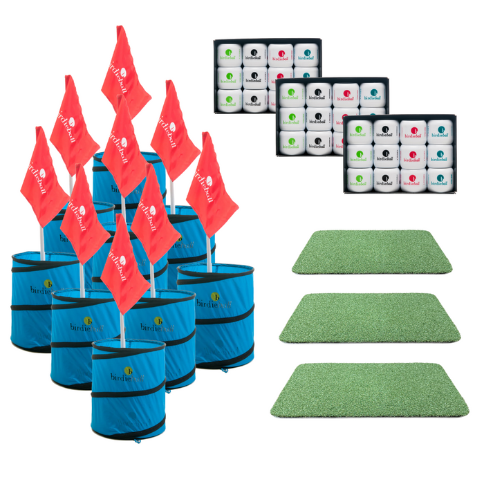 The image features BirdieBall’s The Original Backyard Golf Game with nine blue collapsible holes with red flags, three green mats, and four sets of colorful golf balls—ideal for backyard practice.