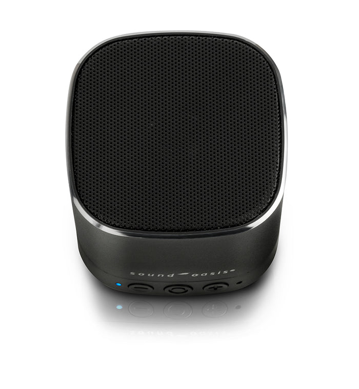 Black portable speaker with 'Sound Oasis' branding on a white background