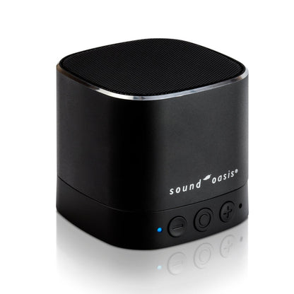 A black portable Bluetooth speaker with a cylindrical shape, featuring the 'sound oasis' logo on the front, set against a clean white background with a soft reflection below.