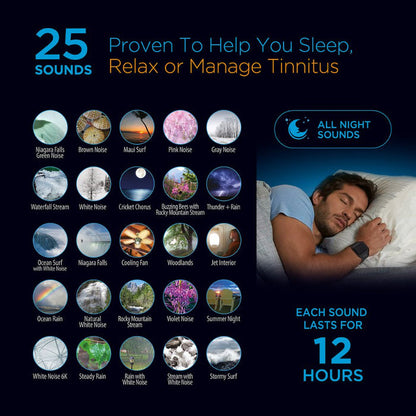 Promotional graphic for a sleep aid product with various sound options and a person sleeping.