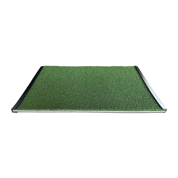 The BirdieBall Golf Stance Mat (Options Available) is a rectangular green artificial turf mat with black edges, shown on a white background. Ideal for putting green practice, it's made with durable RollTech foam.