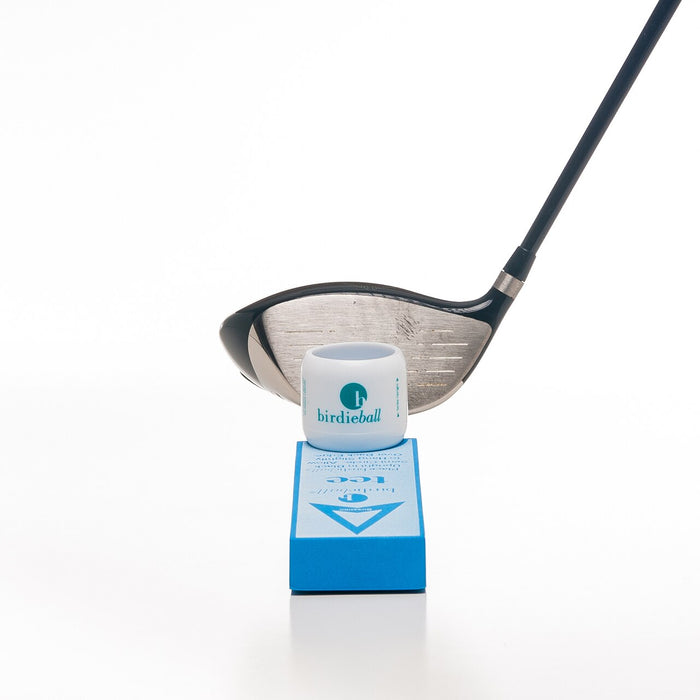 A BirdieBall Velocity Tee (for use with driver/woods) holds a white BirdieBall golf training aid, making it ideal for practice swings with your driver—all set against a white background.