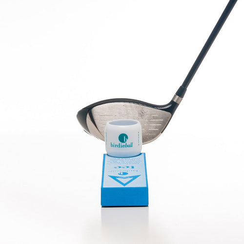 A BirdieBall Velocity Tee (for use with driver/woods) holds a white BirdieBall golf training aid, making it ideal for practice swings with your driver—all set against a white background.